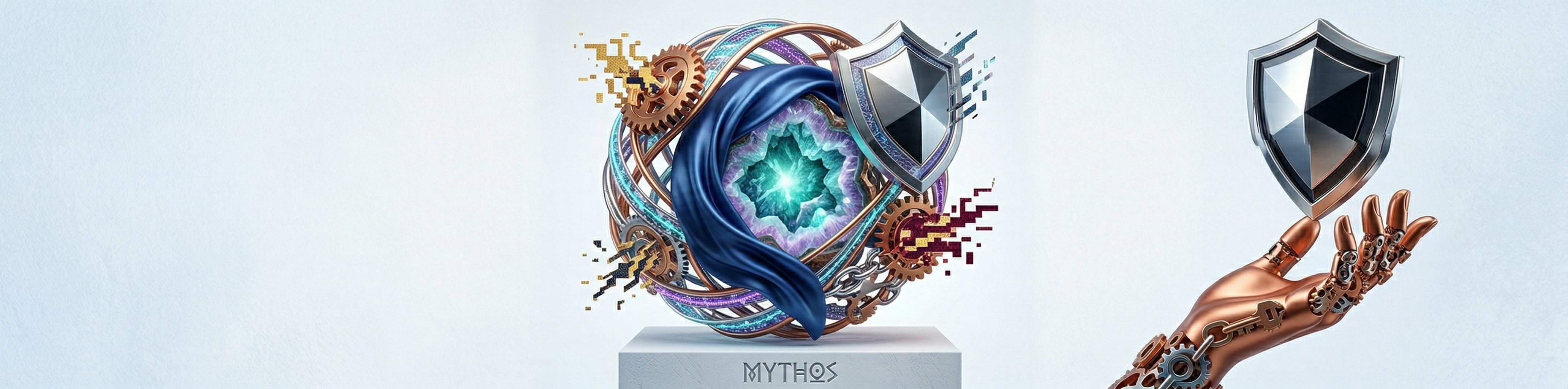 Abstract graphic depicting Mythos with a shield